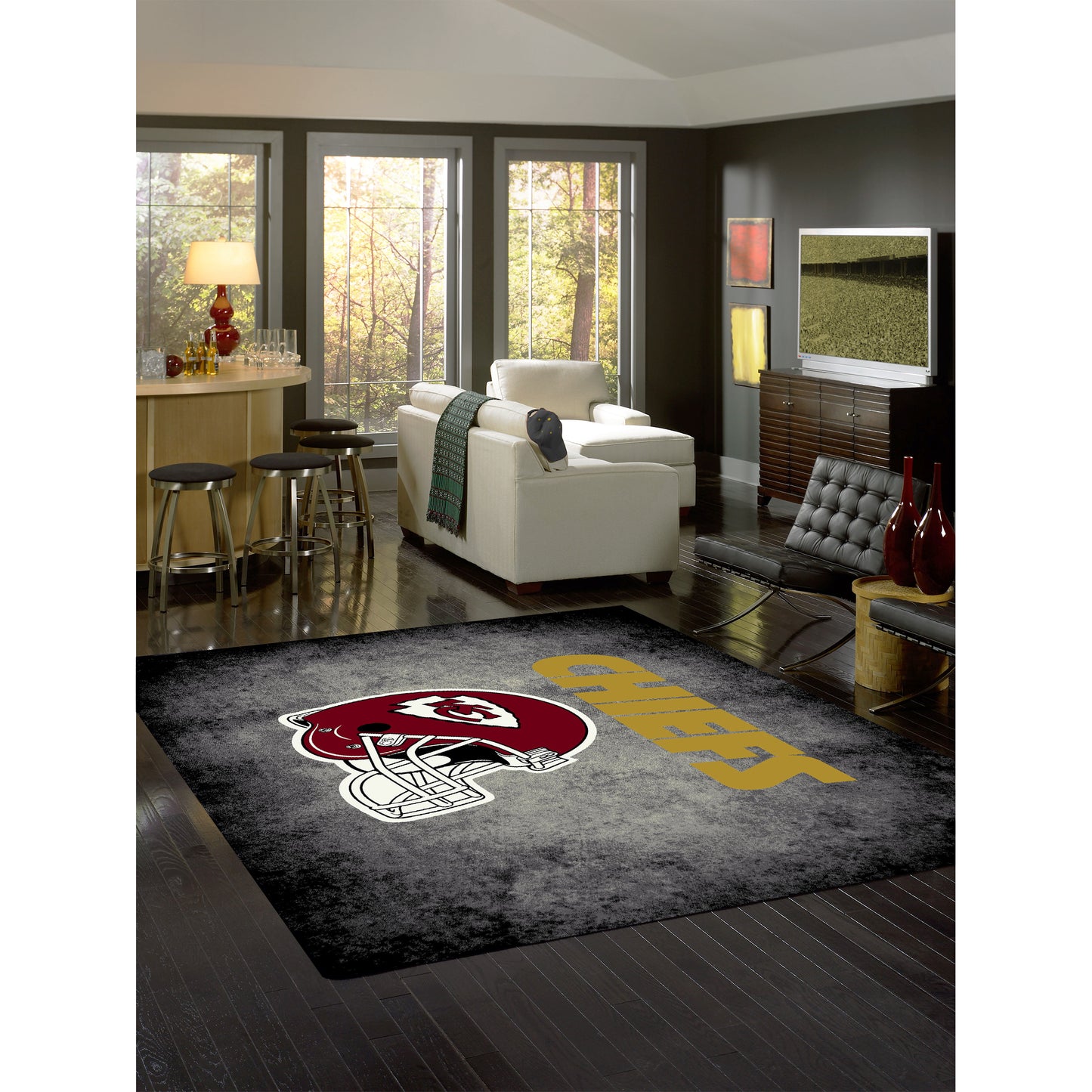 Kansas City Chiefs distressed style area rug lifestyle
