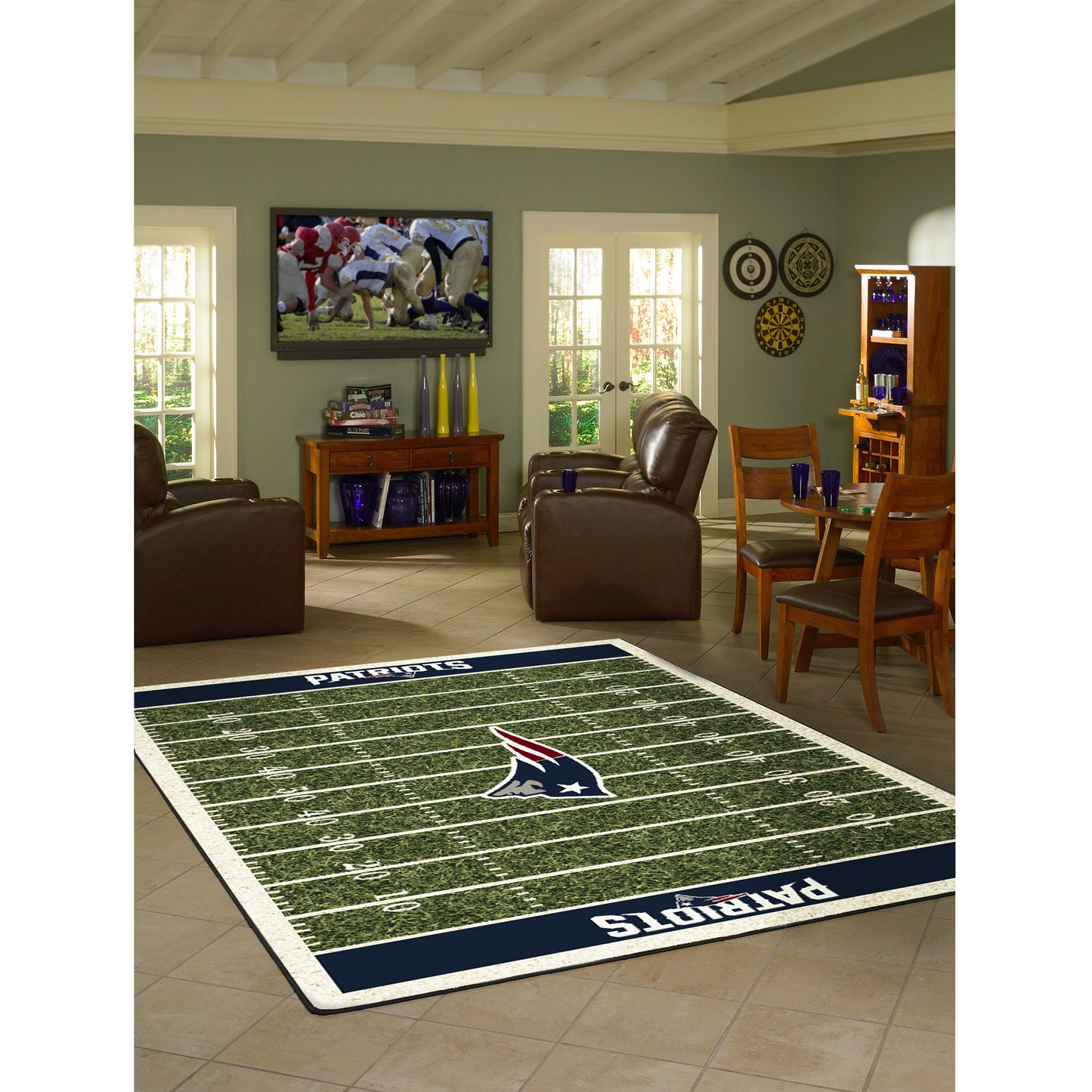New England Patriots home field style area rug lifestyle