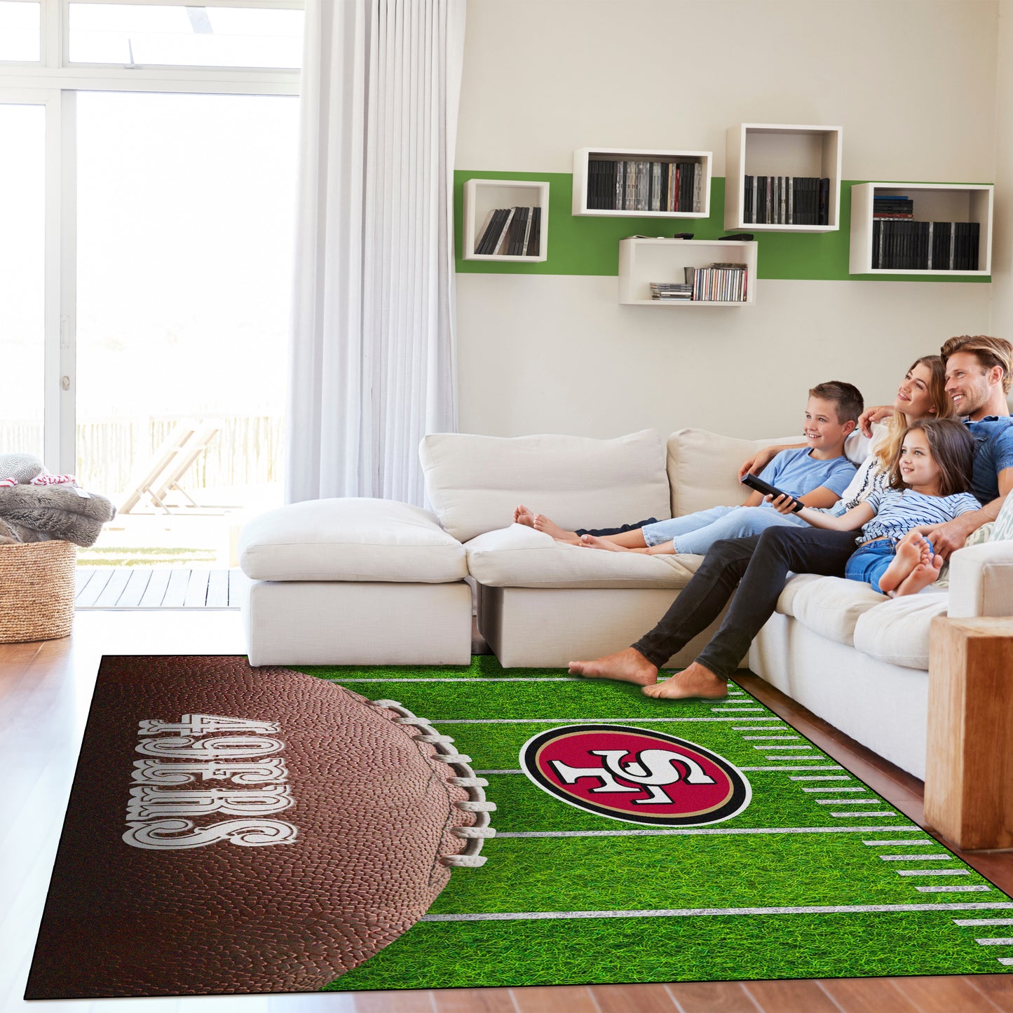 San Francisco 49ers washable football field rug lifestyle
