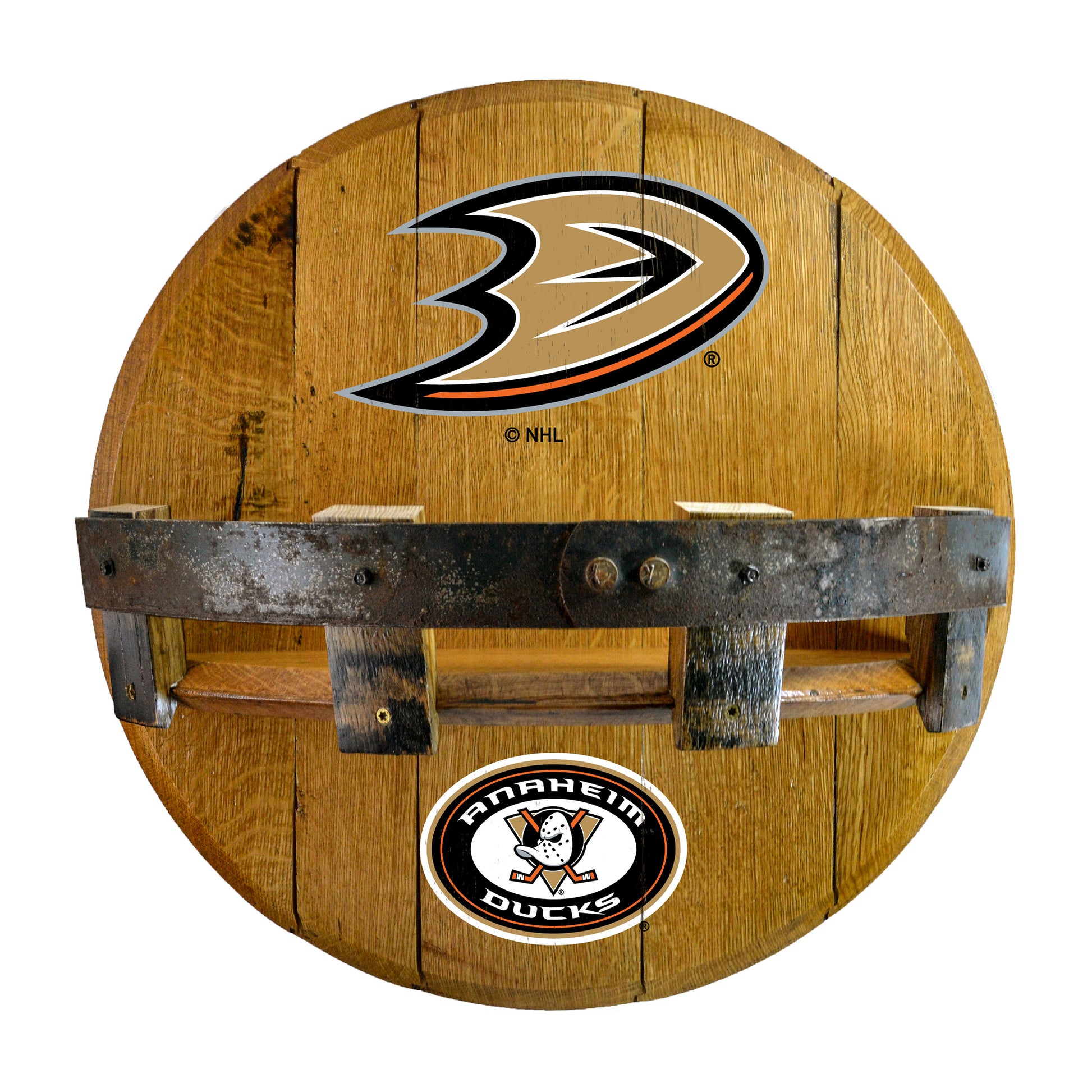Anaheim Ducks whiskey barrel shelf