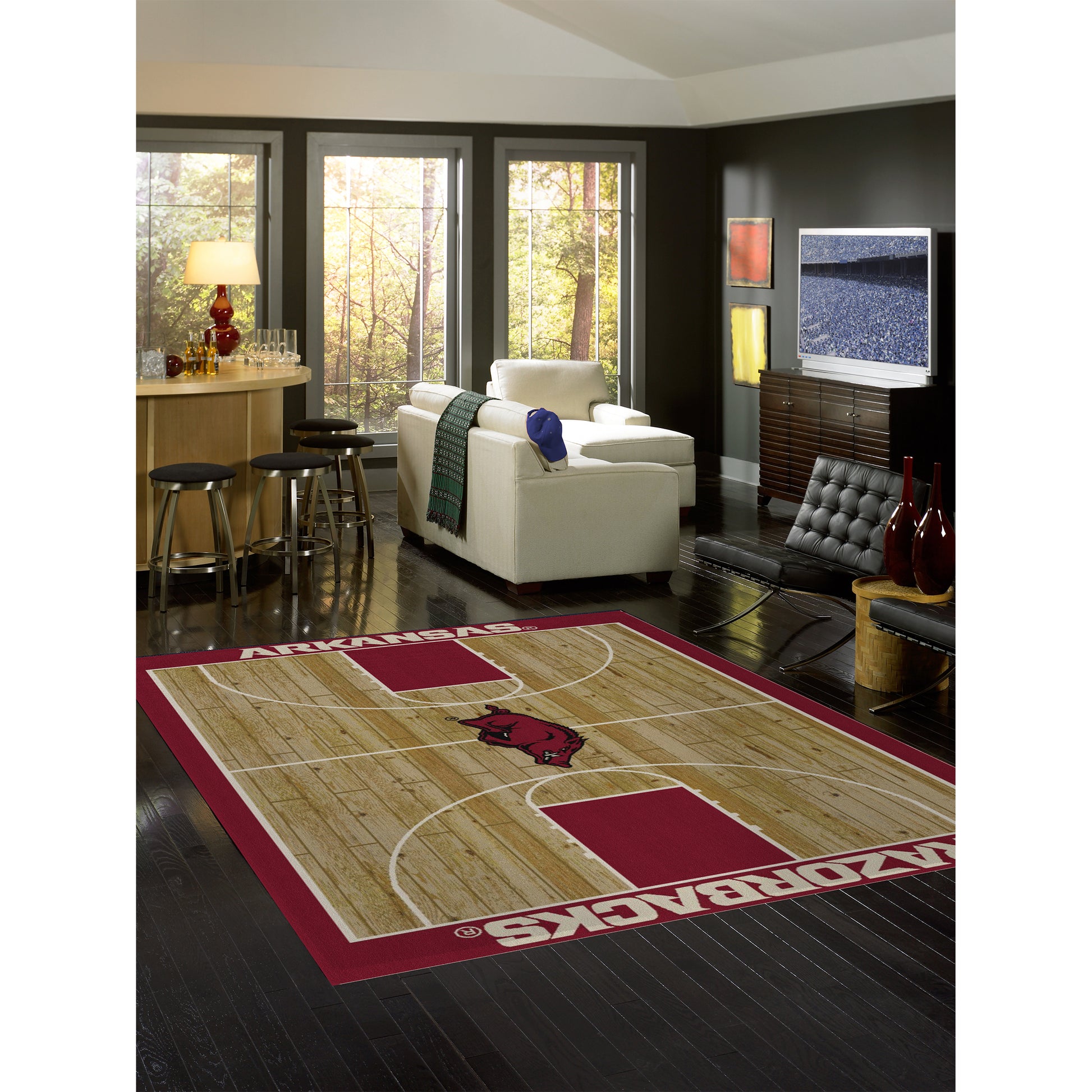 Arkansas Razorbacks courtside style area rug lifestyle