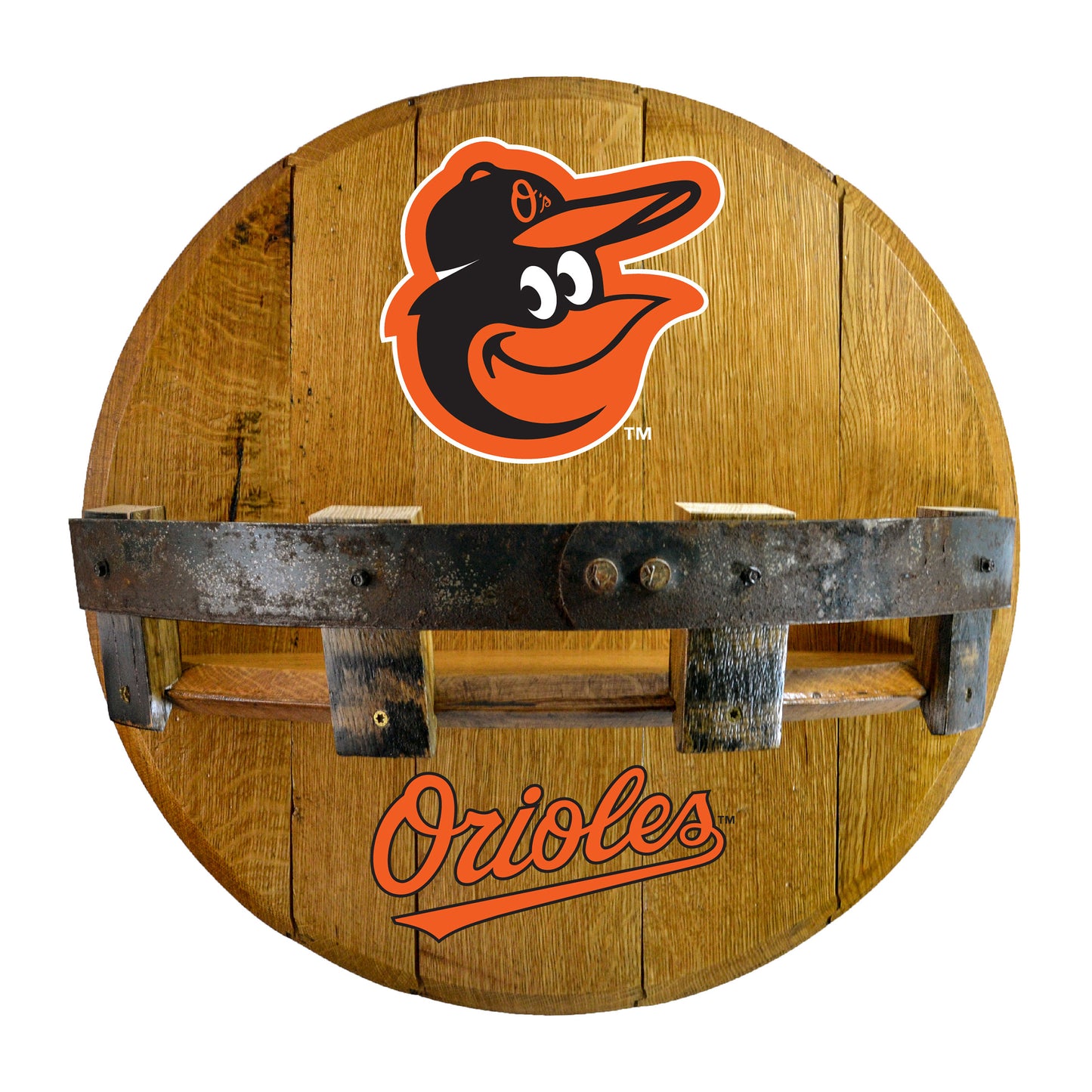 Baltimore Orioles whiskey barrel shelf