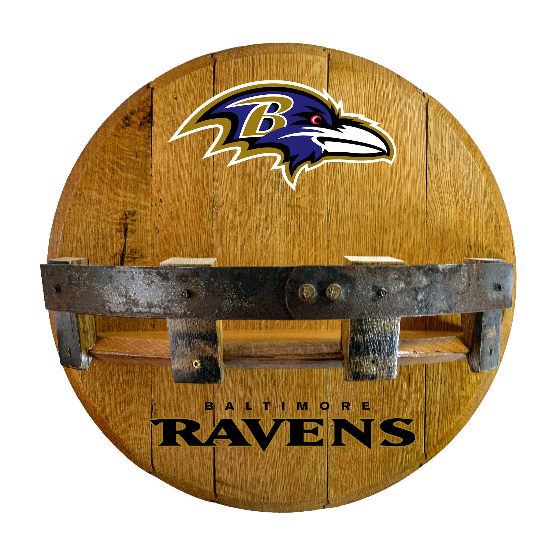 Baltimore Ravens whiskey barrel shelf