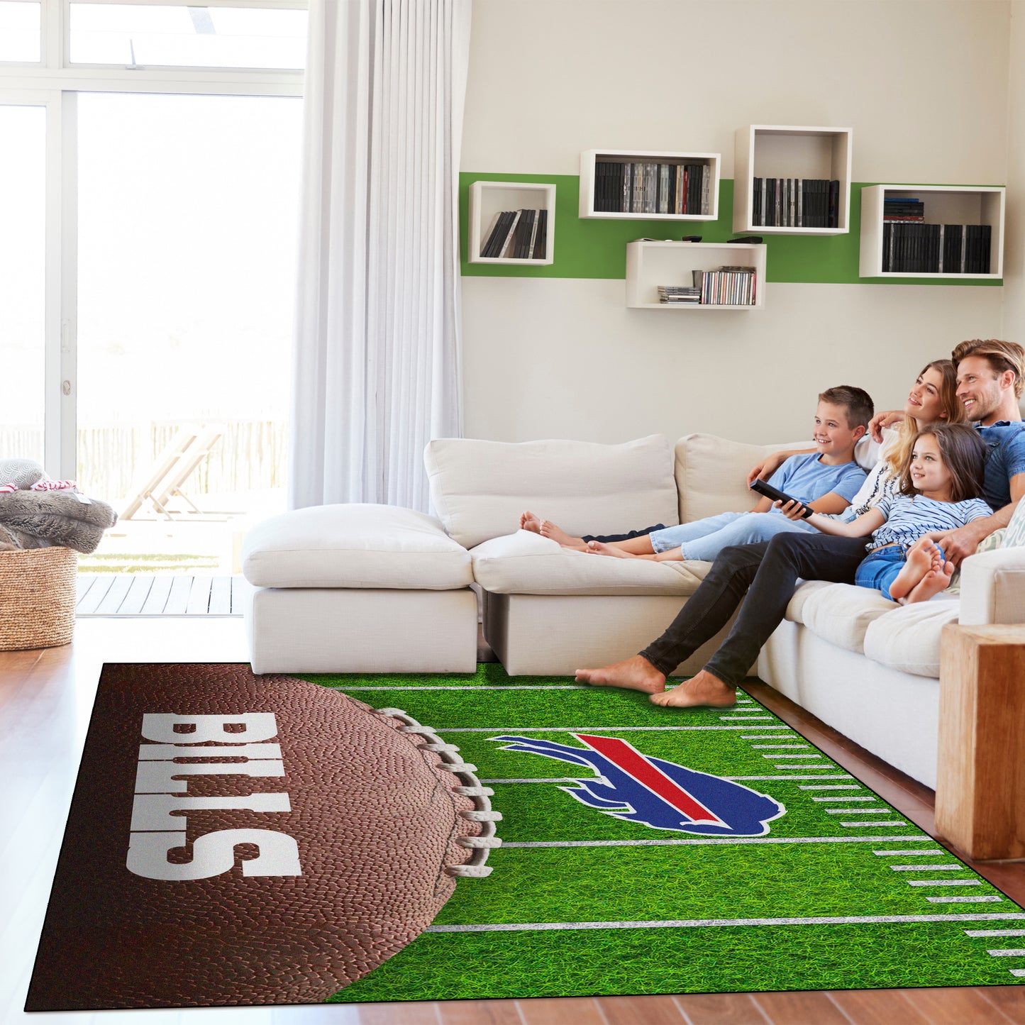 Buffalo Bills washable football field rug lifestyle