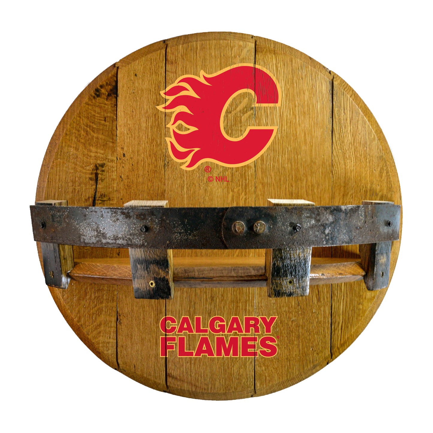 Calgary Flames whiskey barrel shelf