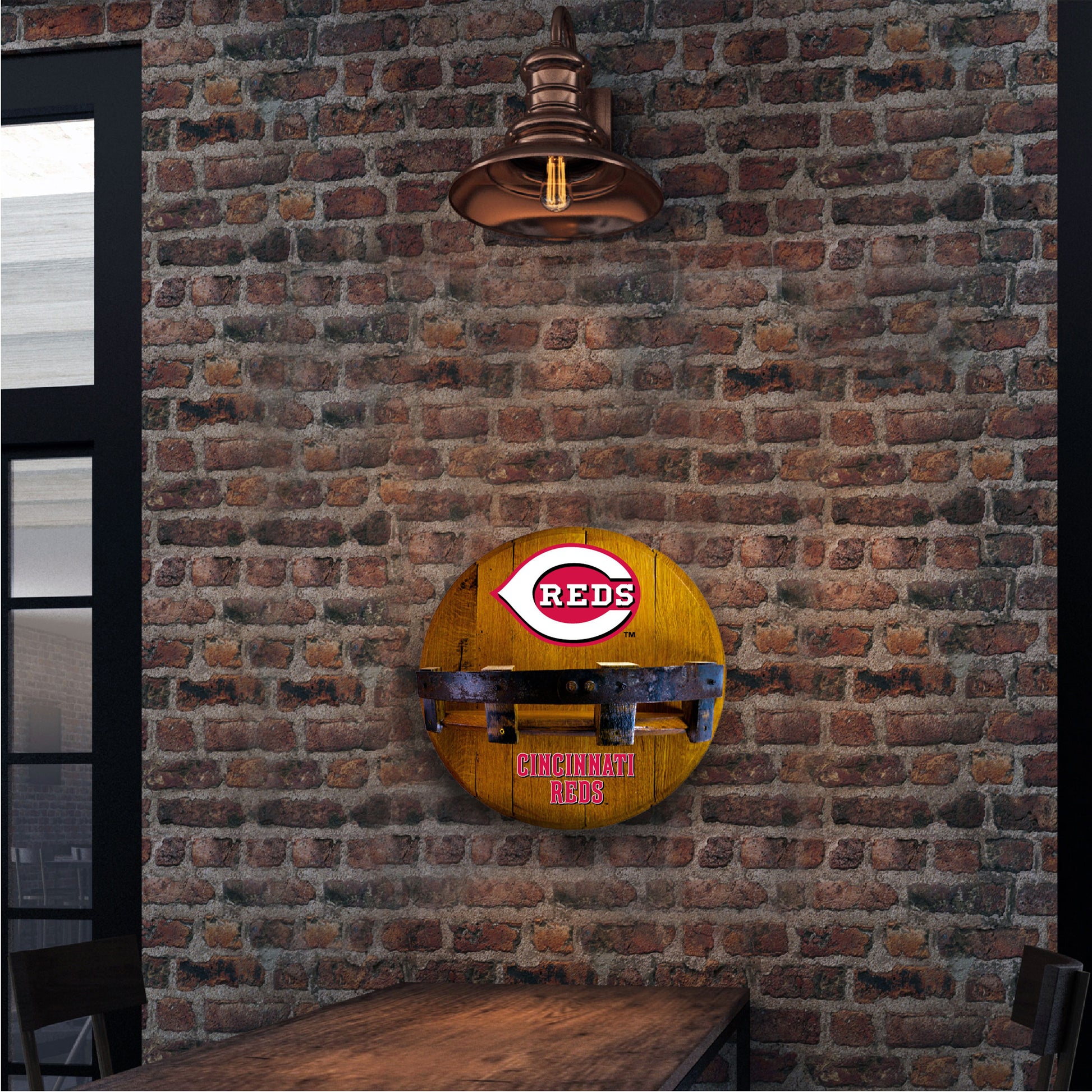 Cincinnati Reds whiskey barrel shelf lifestyle