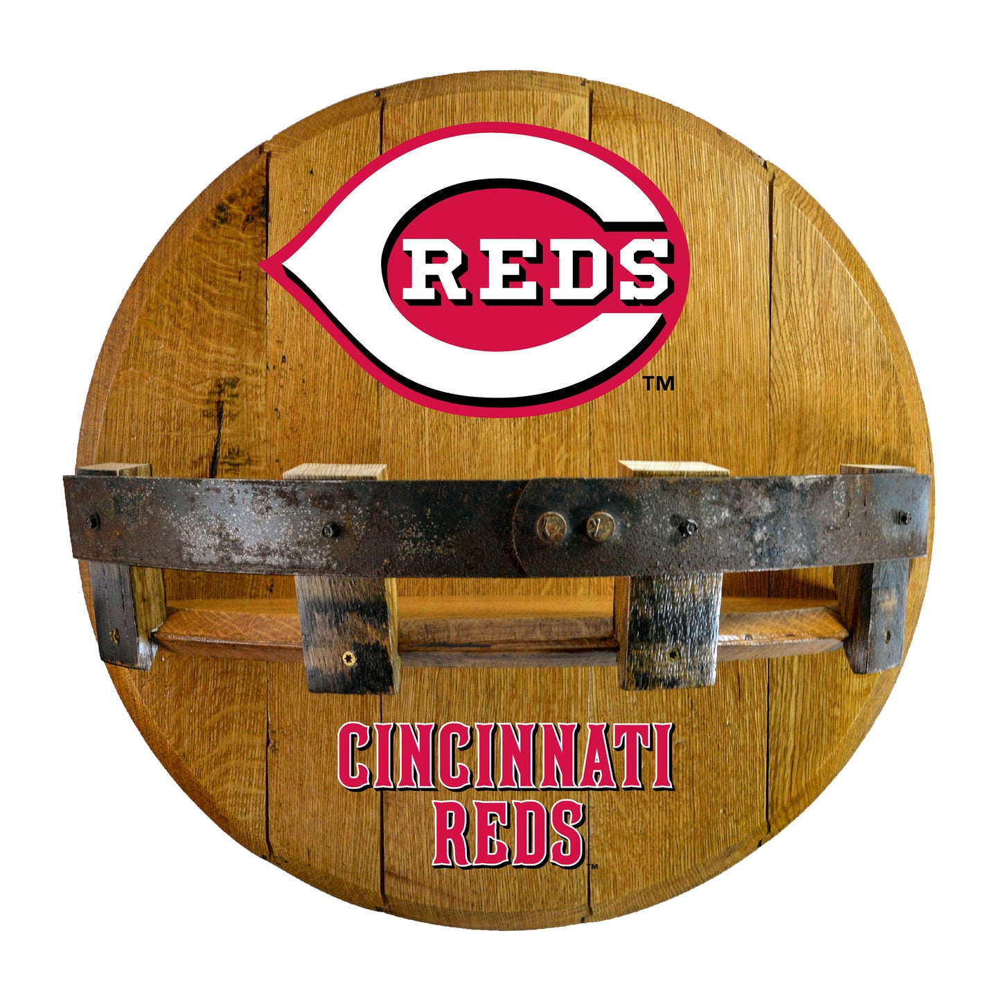 Cincinnati Reds whiskey barrel shelf