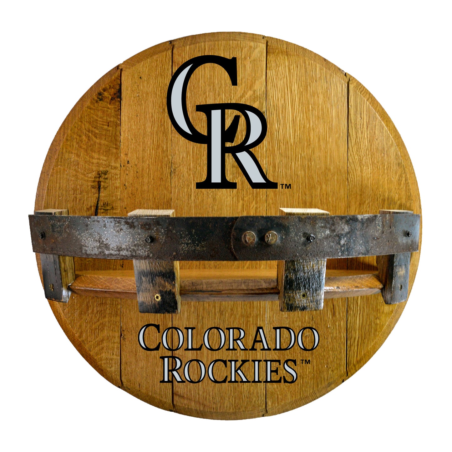 Colorado Rockies whiskey barrel shelf