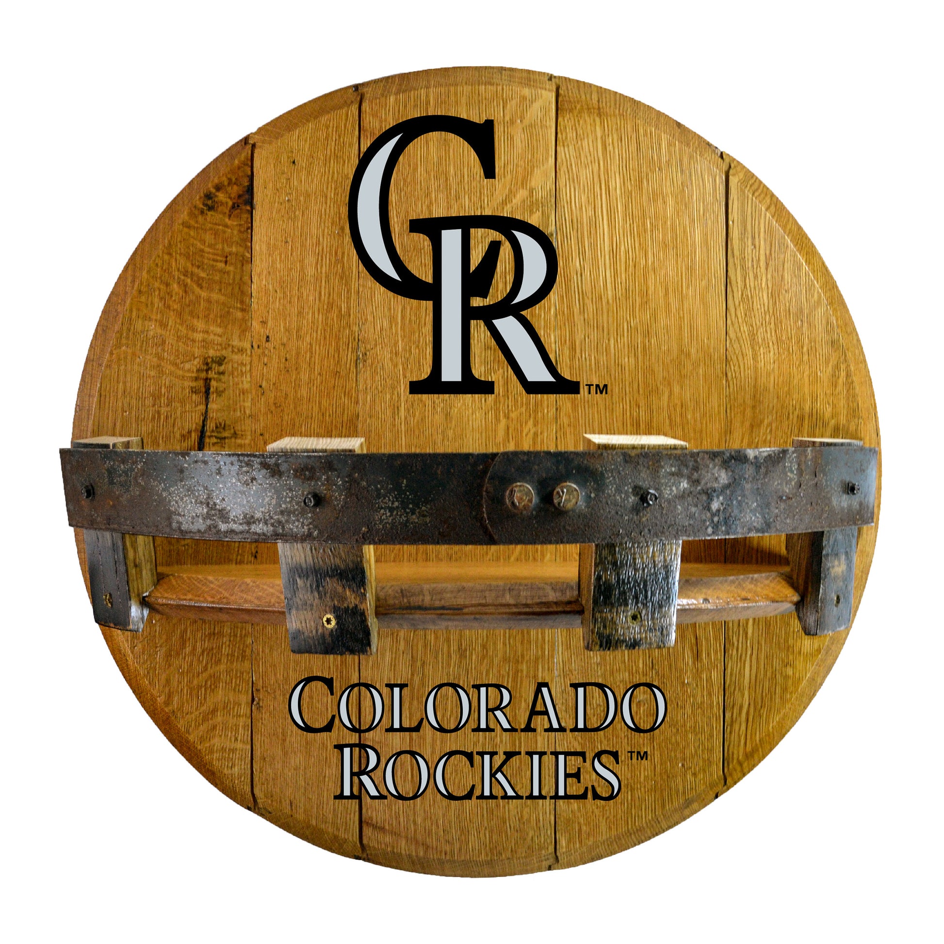 Colorado Rockies whiskey barrel shelf