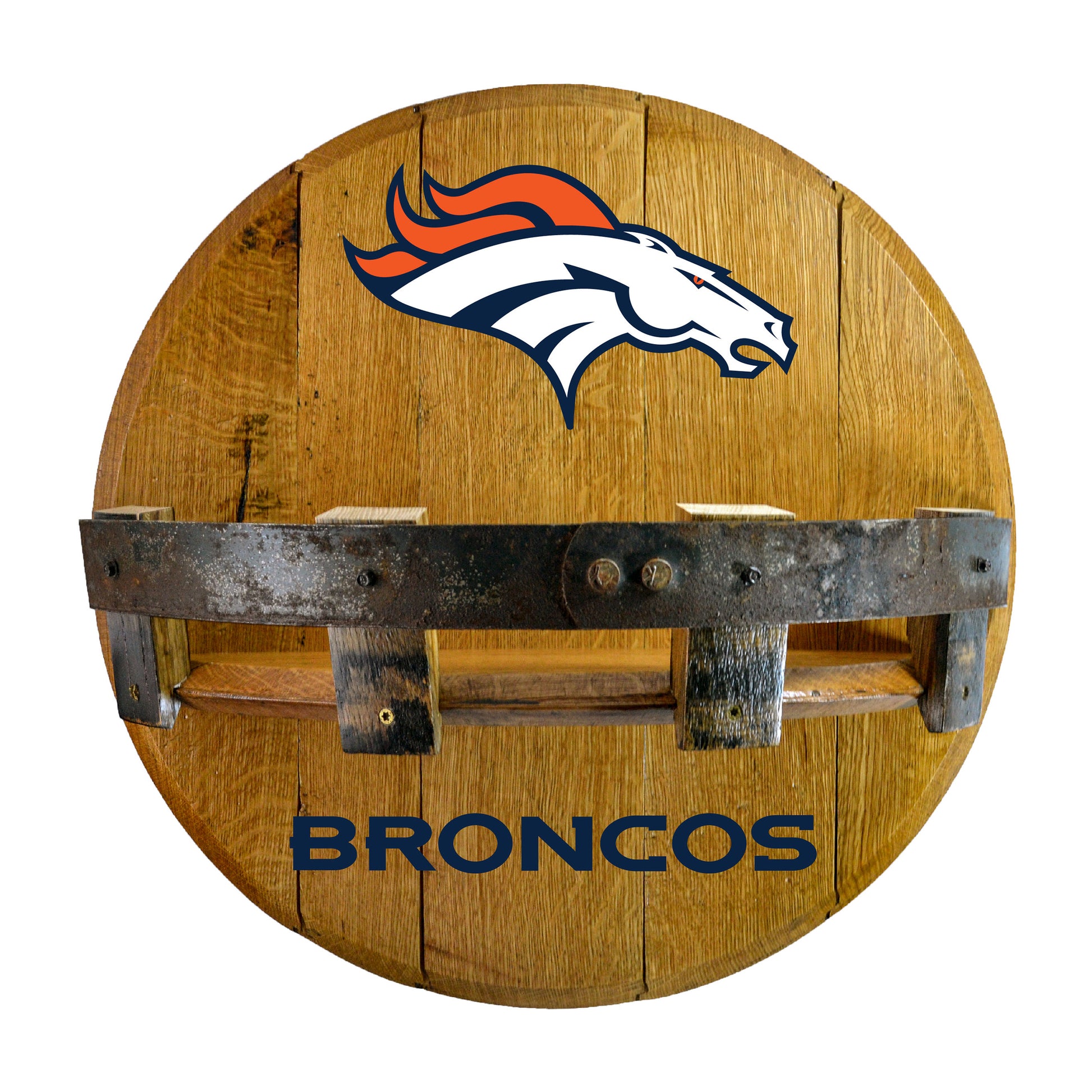 Denver Broncos whiskey barrel shelf