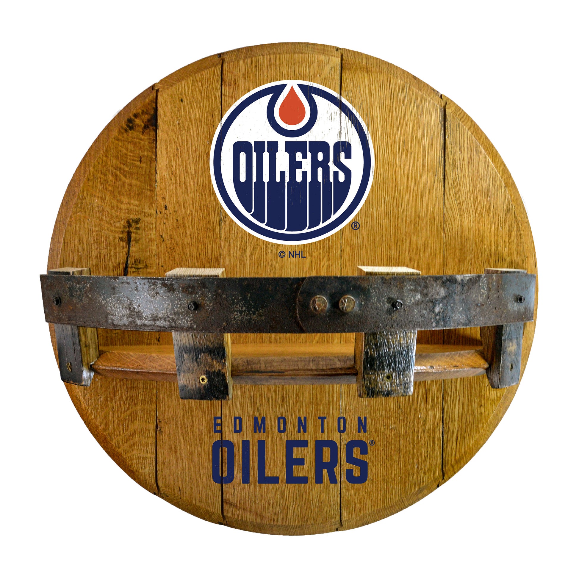 Edmonton Oilers whiskey barrel shelf
