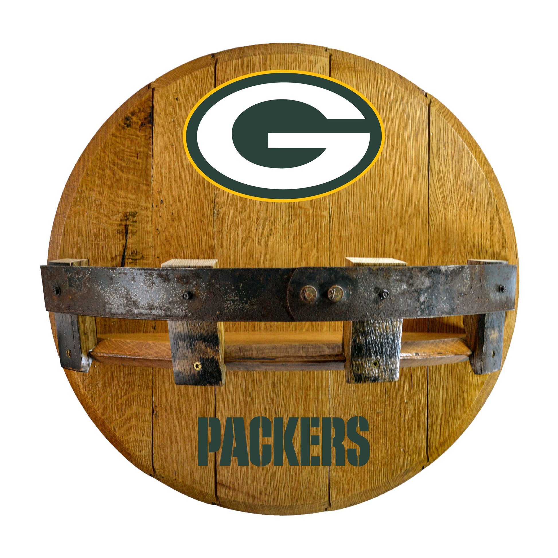 Green Bay Packers whiskey barrel shelf