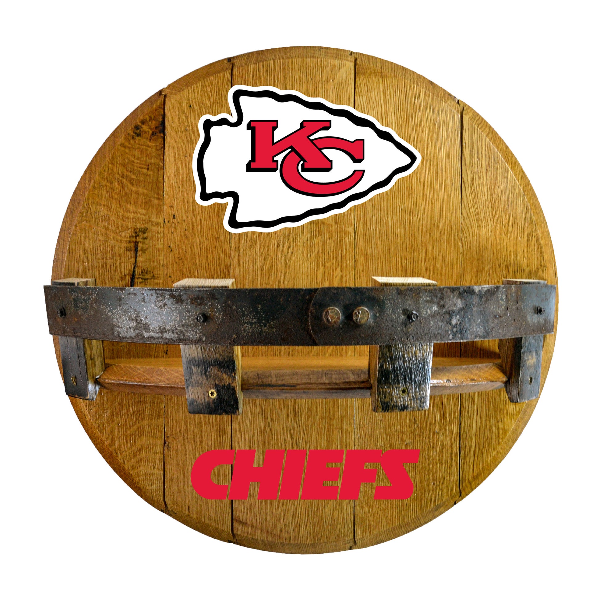 Kansas City Chiefs whiskey barrel shelf