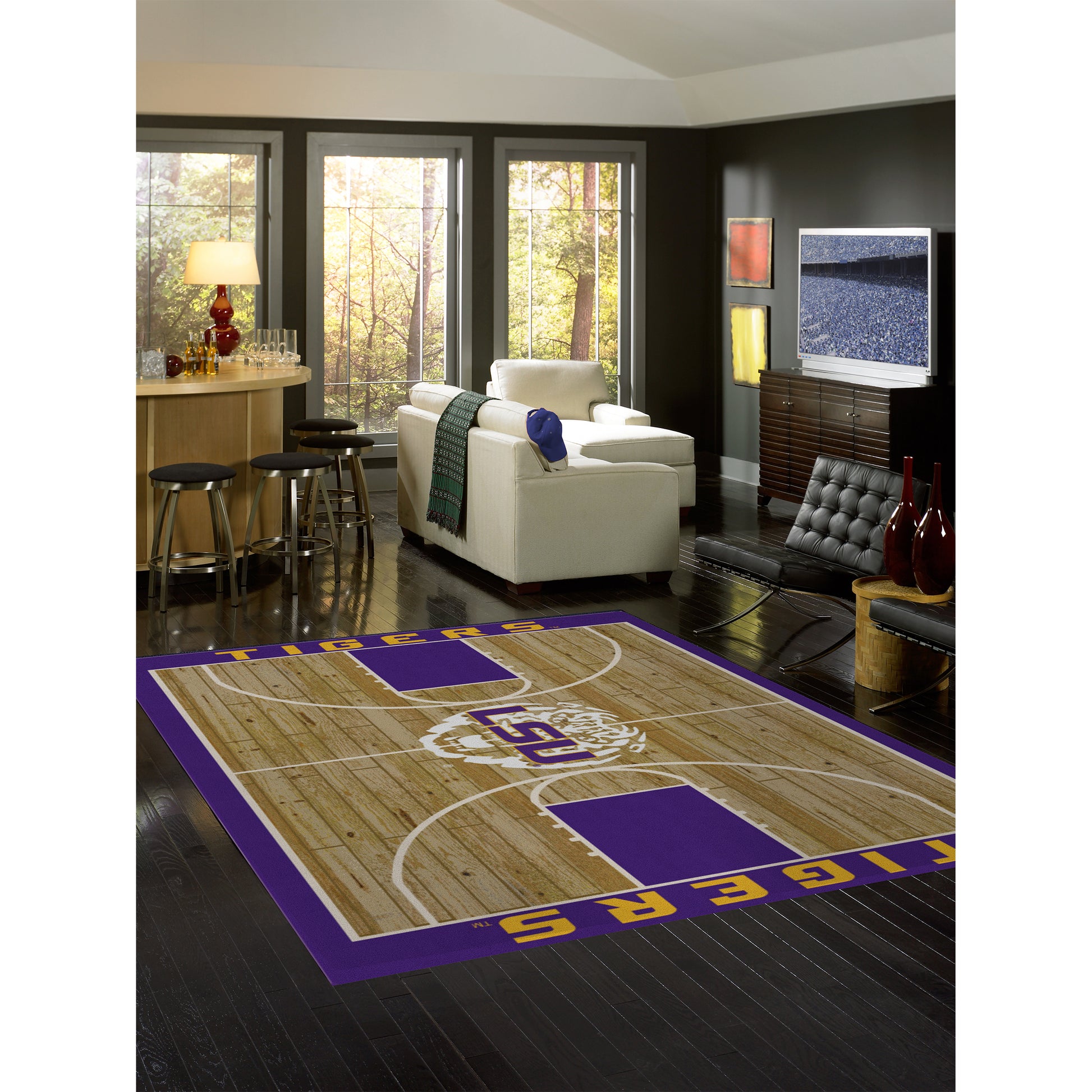 LSU Tigers courtside style area rug lifestyle