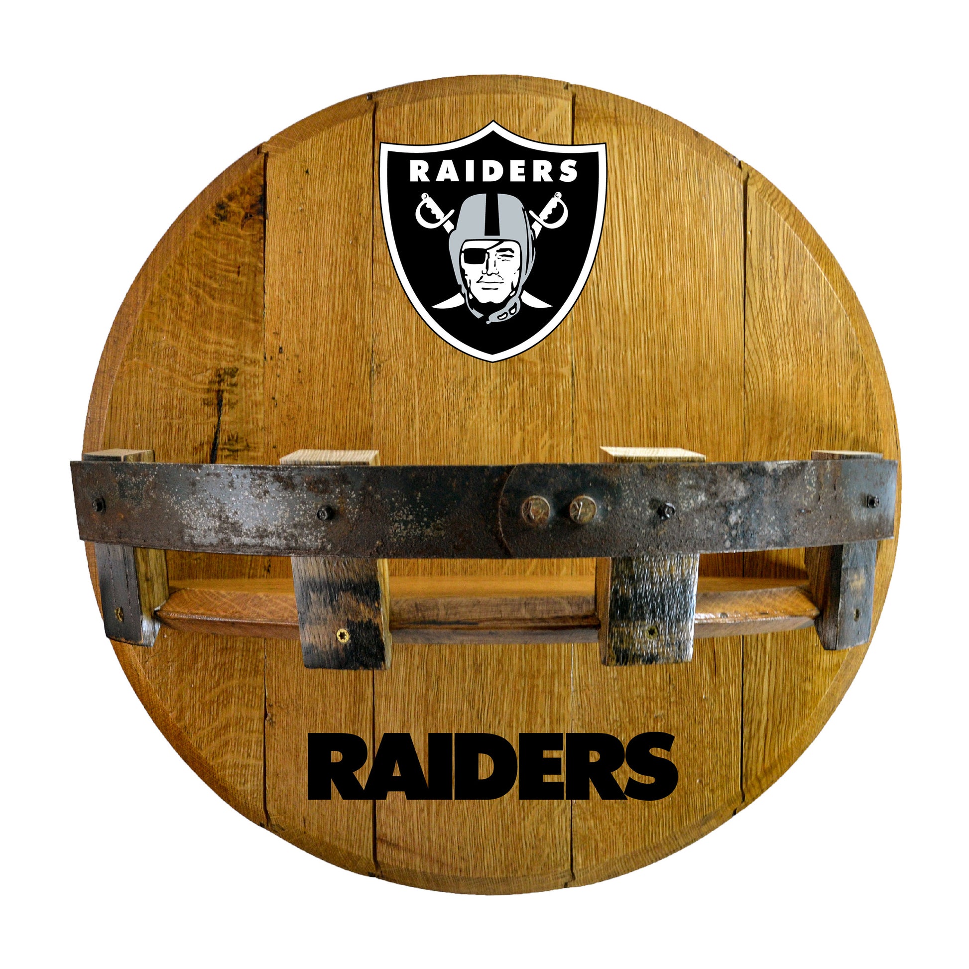 Las Vegas Raiders whiskey barrel shelf