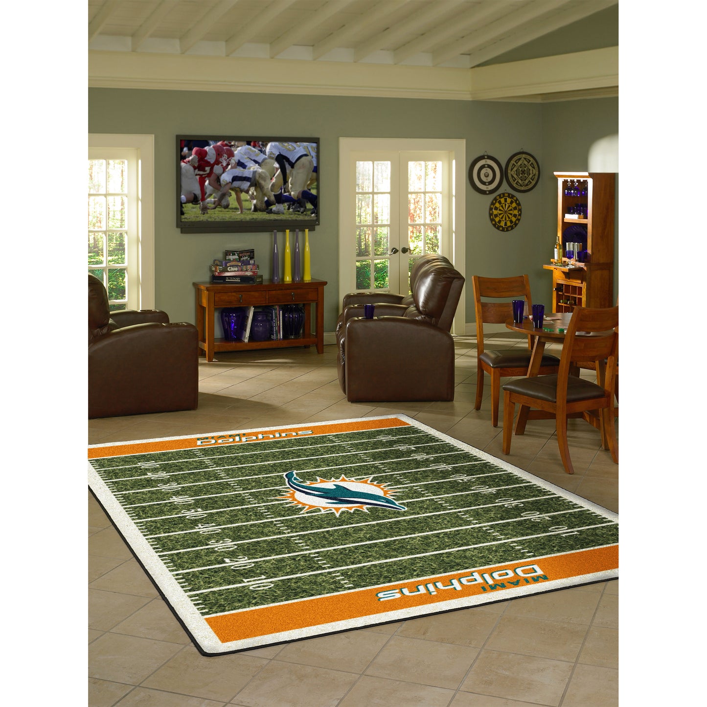 Miami Dolphins home field style area rug lifestyle