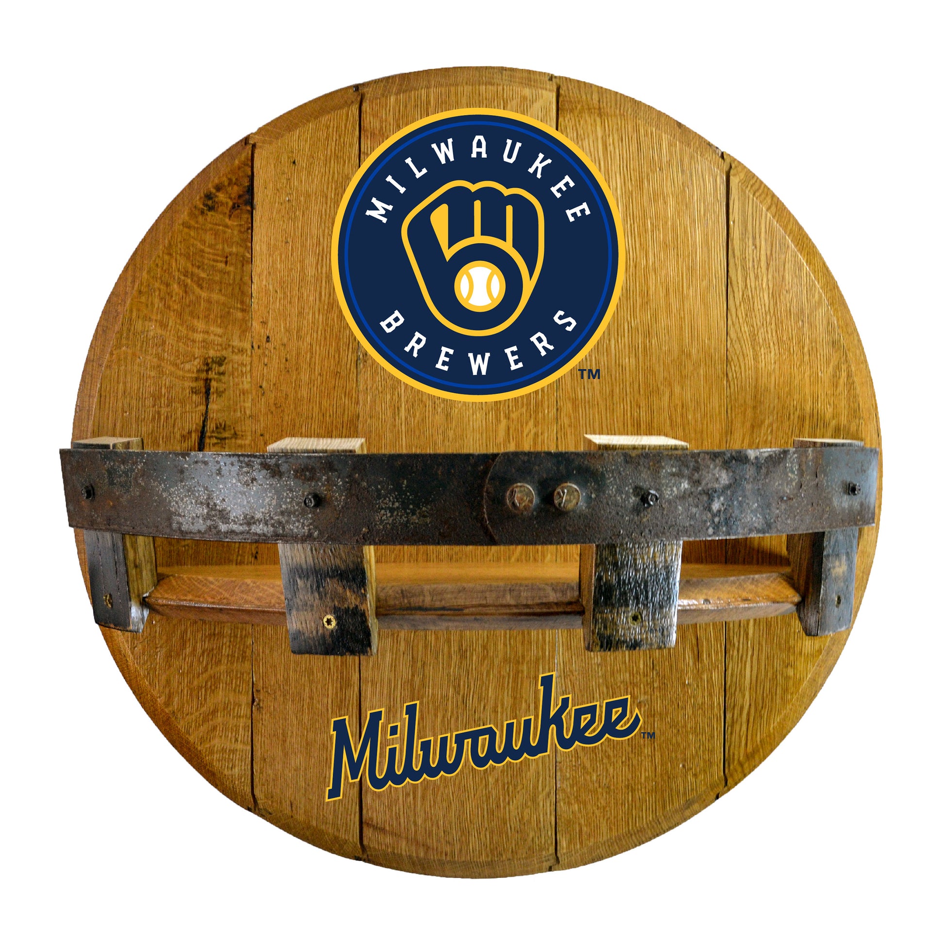 Milwaukee Brewers whiskey barrel shelf