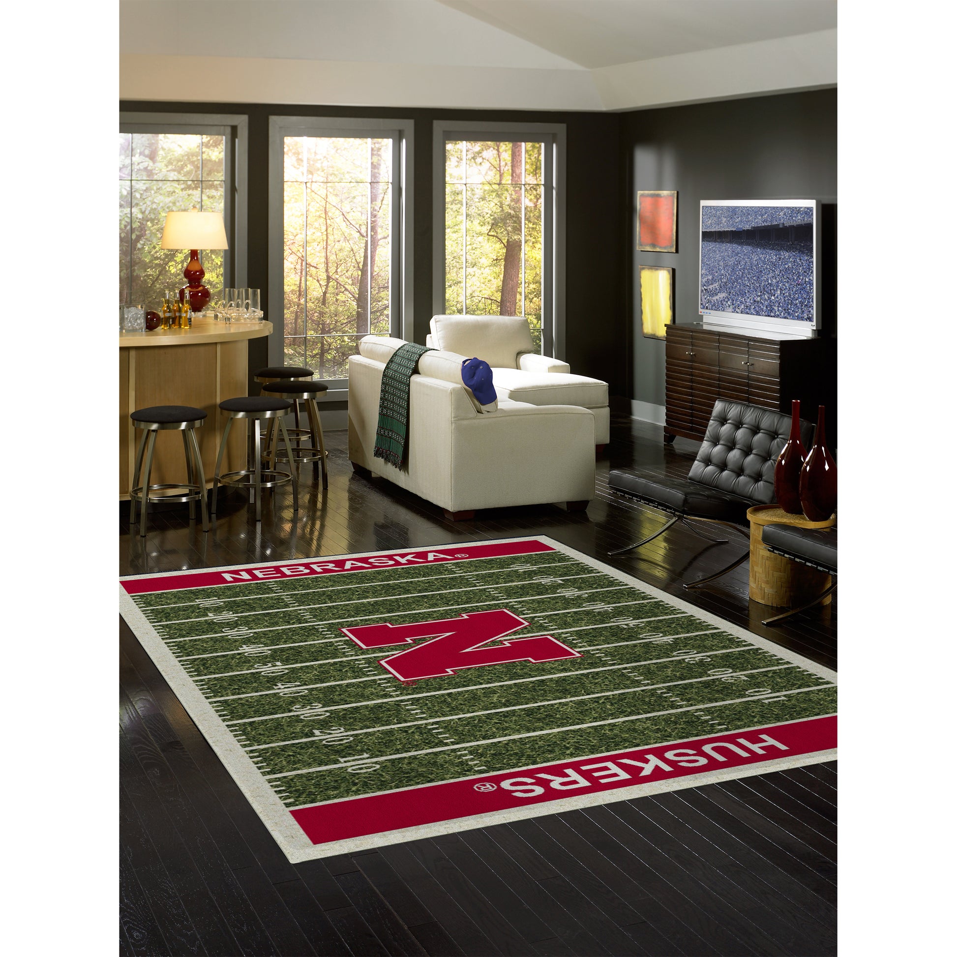 Nebraska Cornhuskers home field style area rug lifestyle