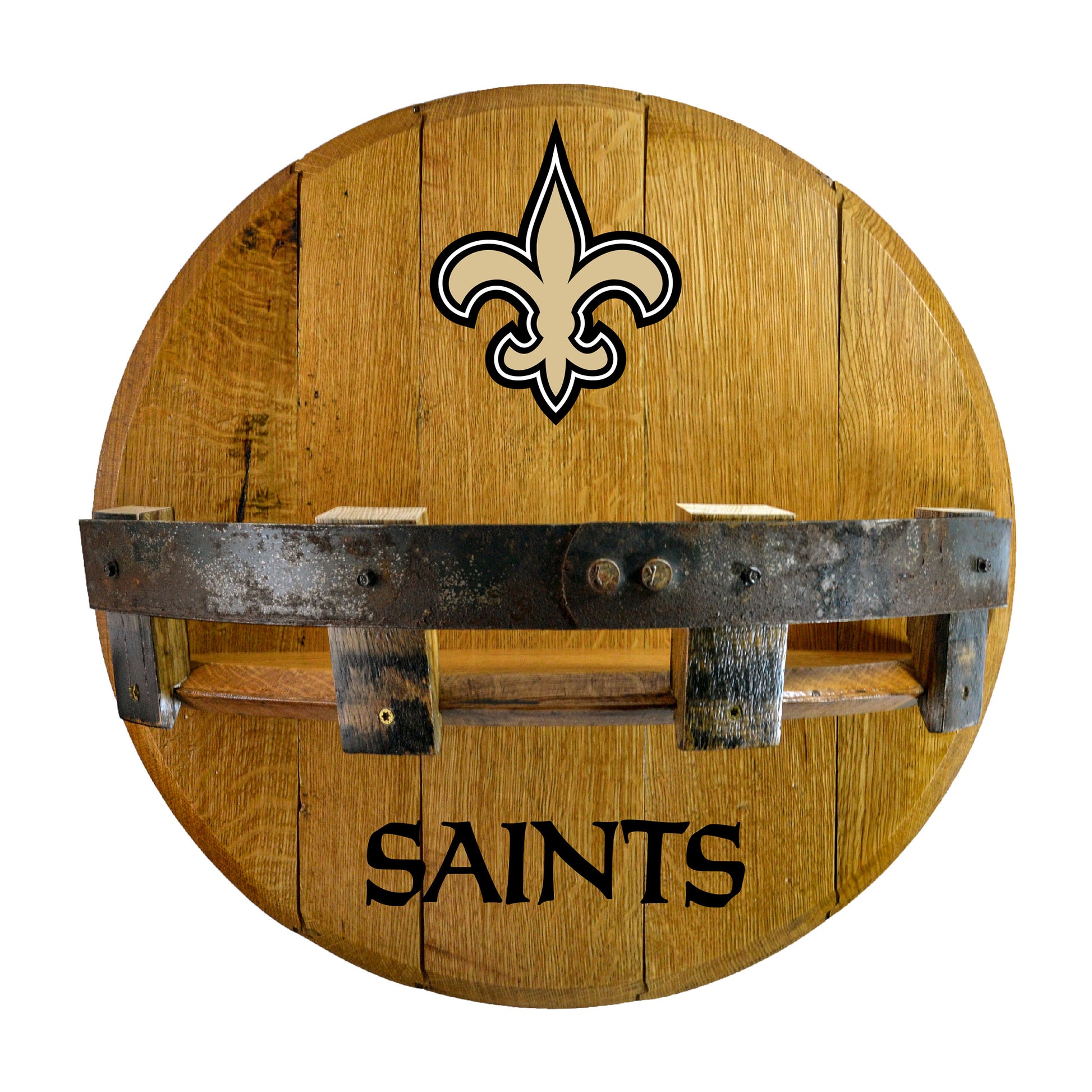New Orleans Saints whiskey barrel shelf