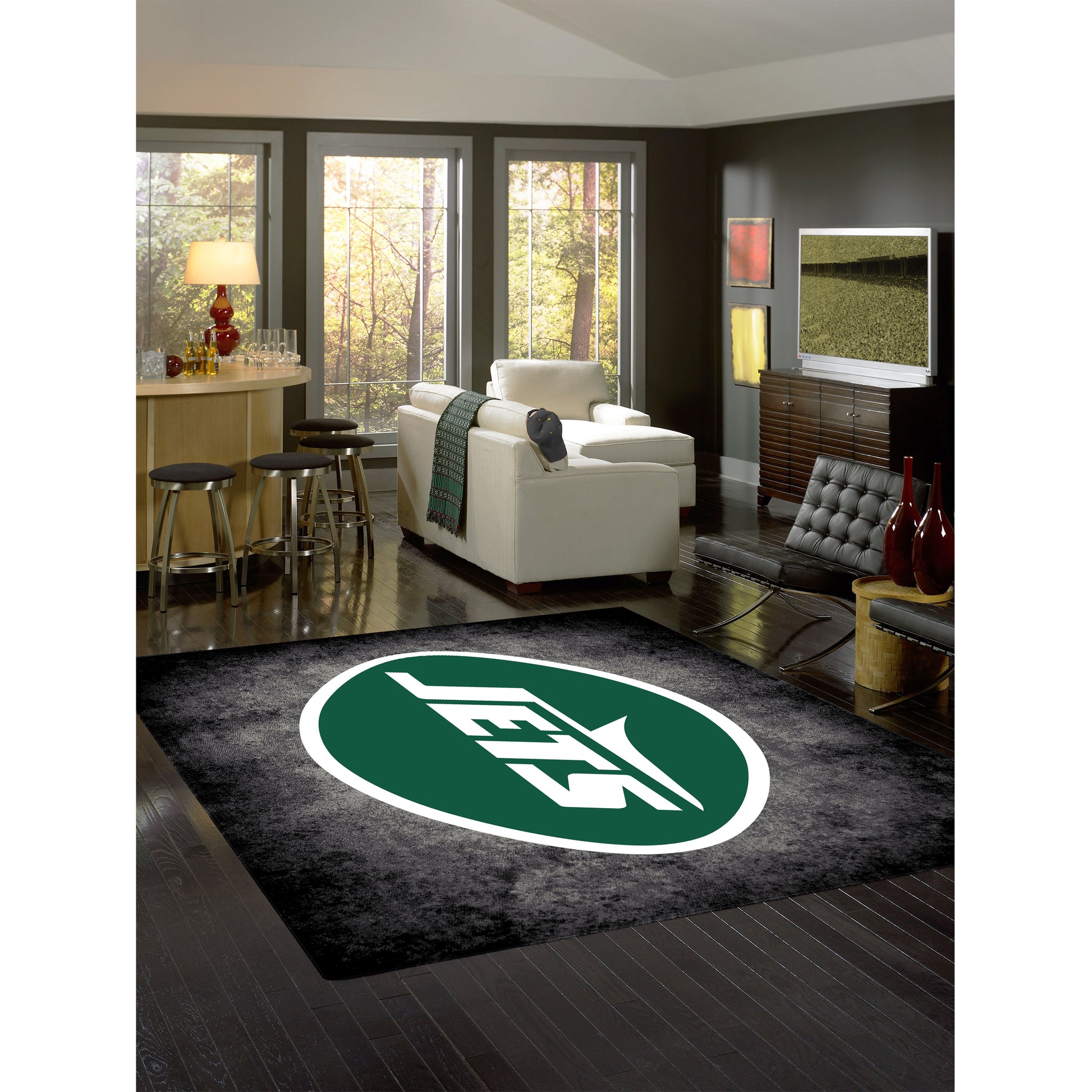 New York Jets distressed style area rug lifestyle