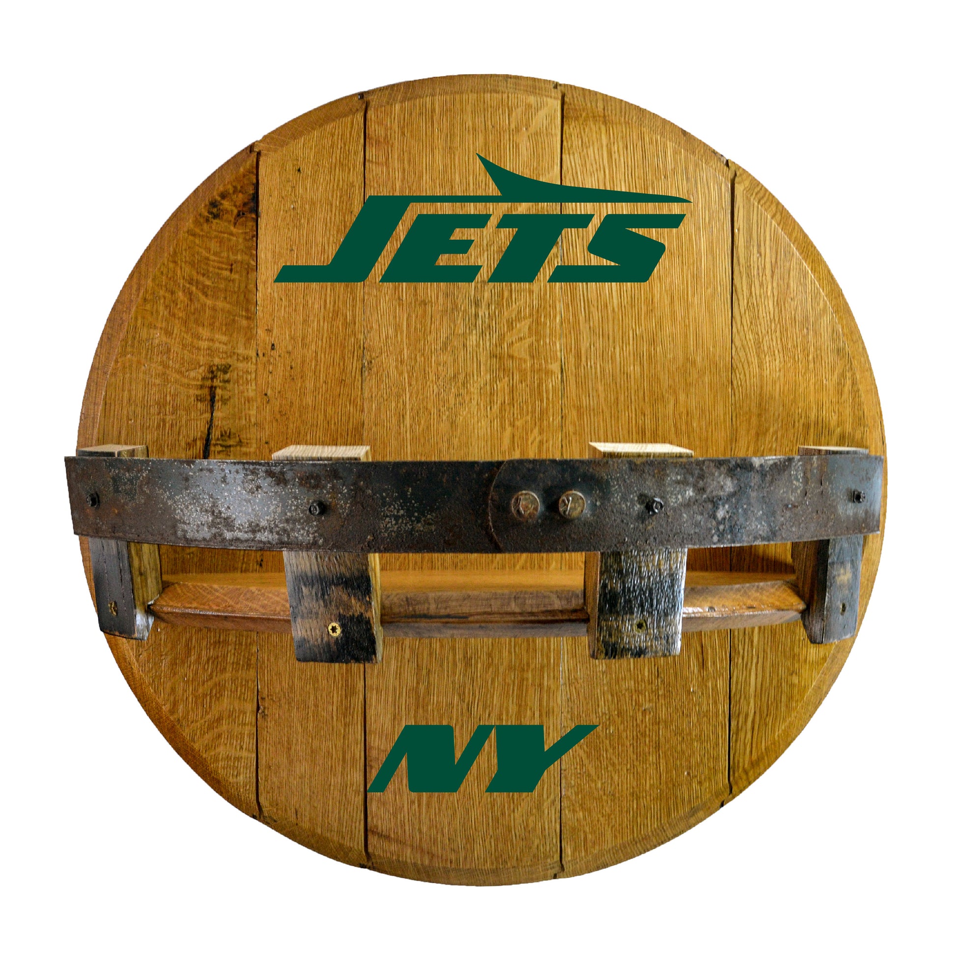 New York Jets whiskey barrel shelf