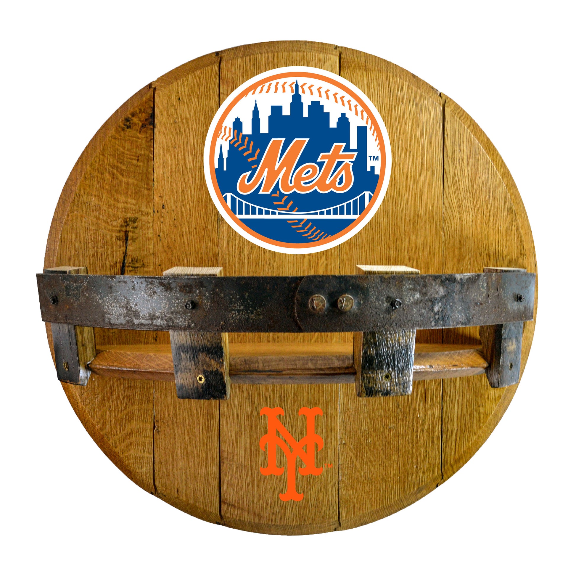 New York Mets whiskey barrel shelf
