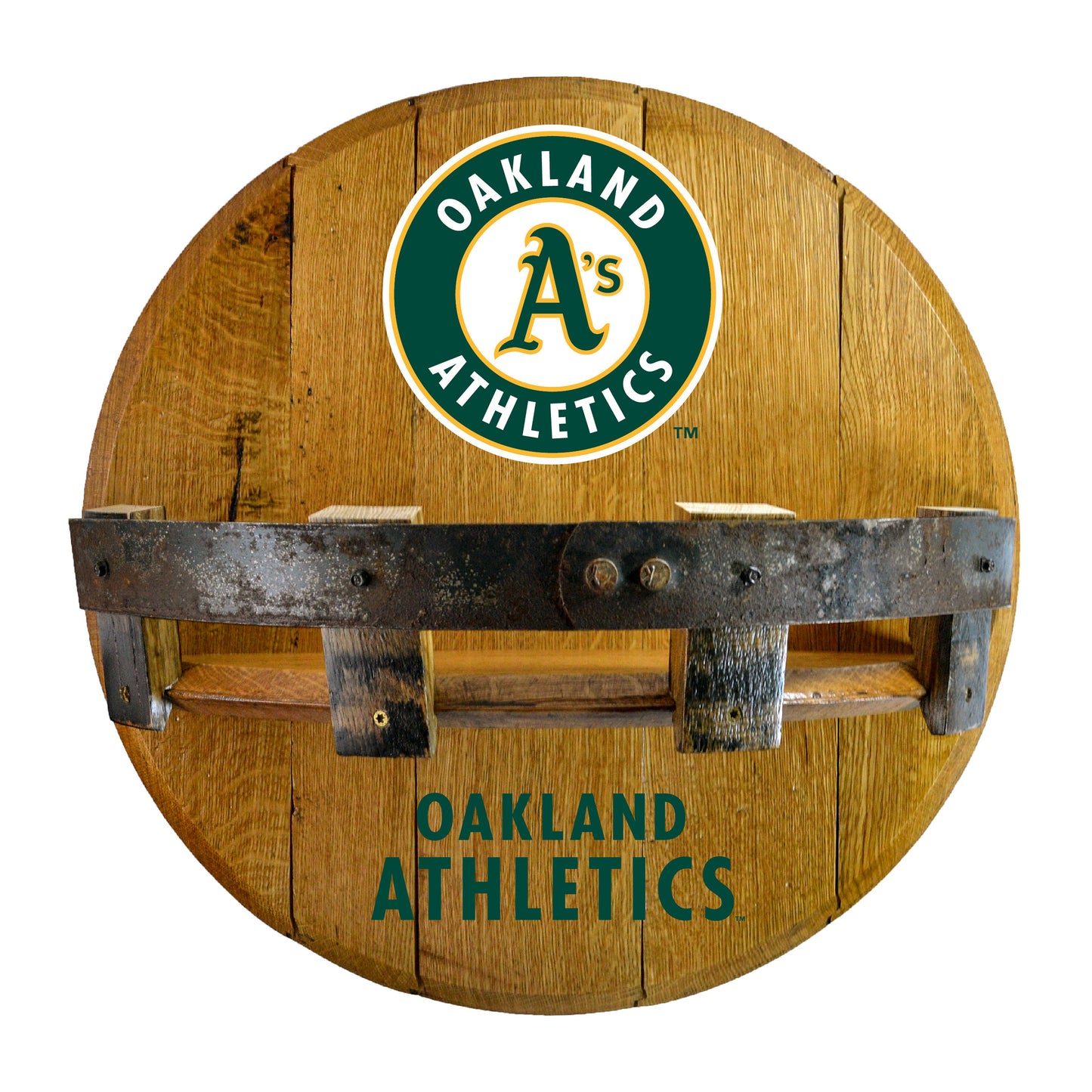 Oakland A's whiskey barrel shelf