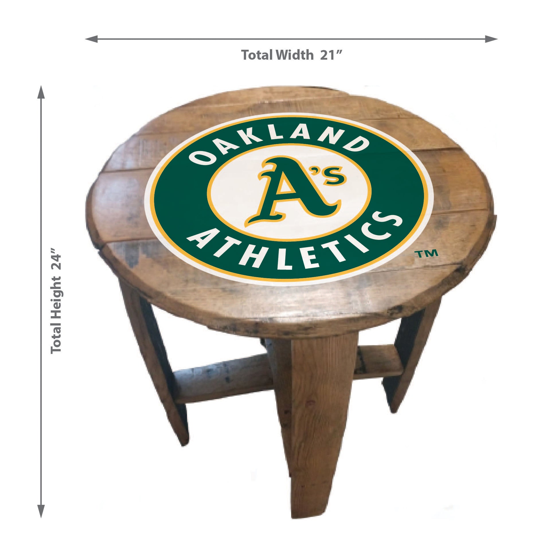 Oakland A's whiskey barrel end table dimensions
