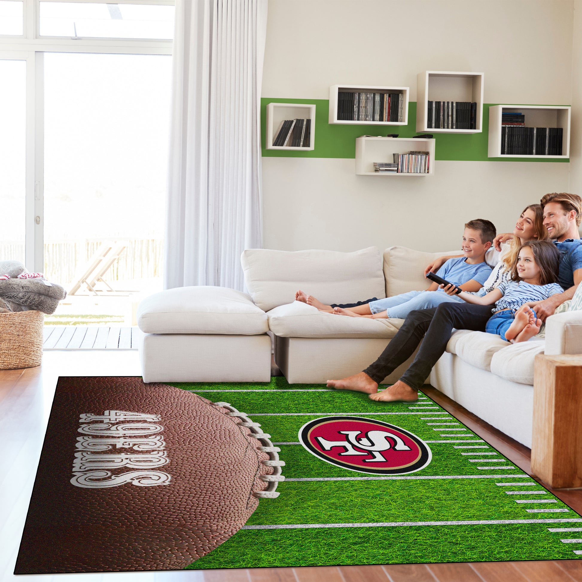 San Francisco 49ers washable football field rug lifestyle