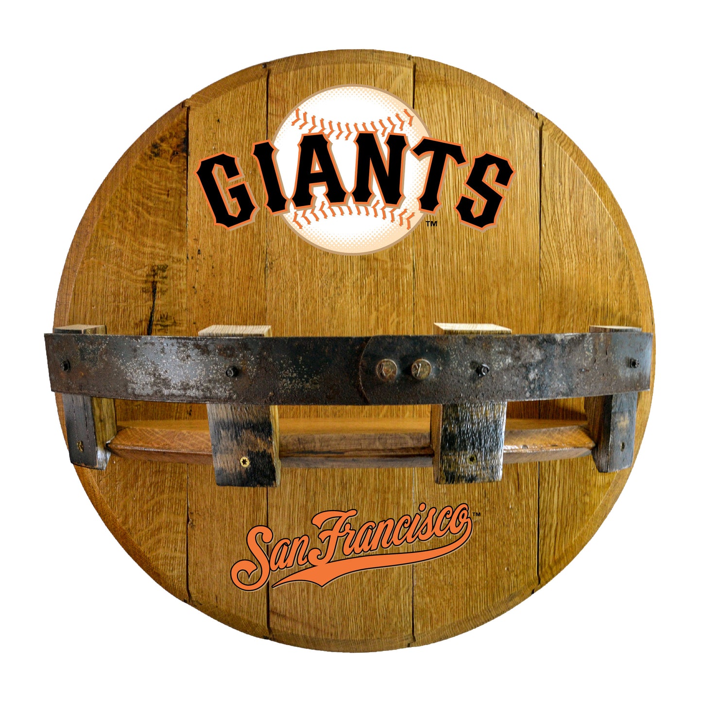 San Francisco Giants whiskey barrel shelf