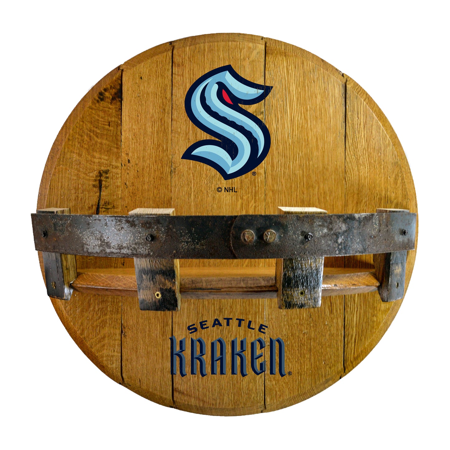 Seattle Kraken whiskey barrel shelf