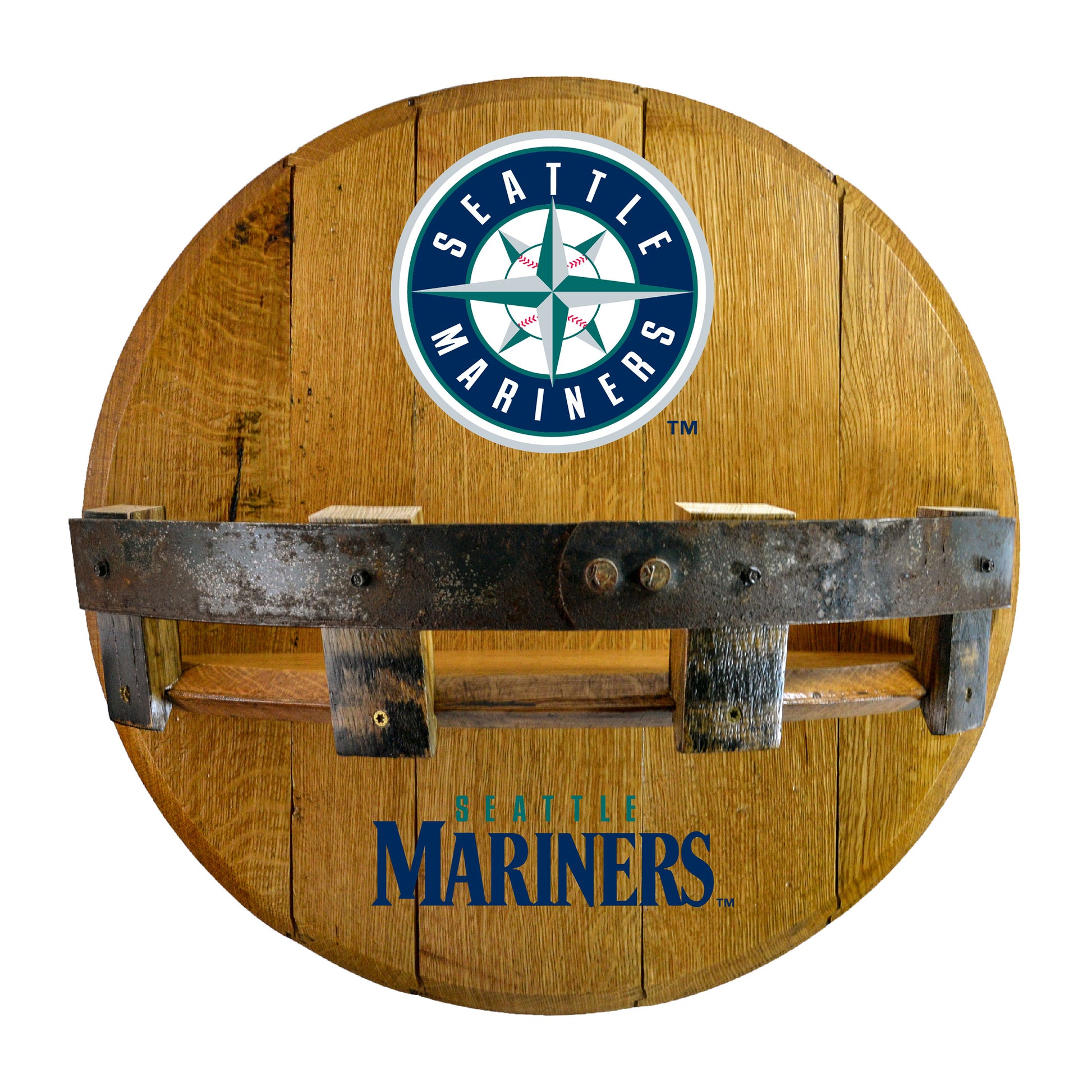 Seattle Mariners whiskey barrel shelf