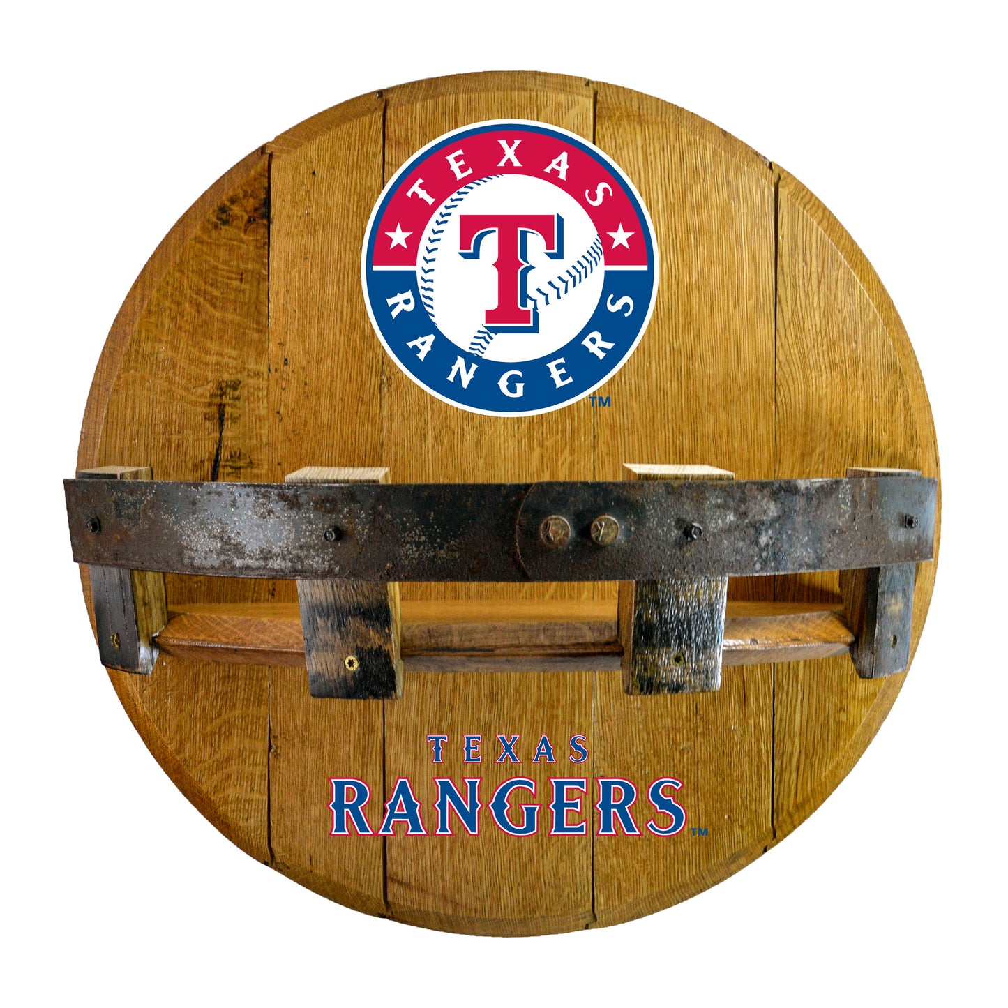 Texas Rangers whiskey barrel shelf