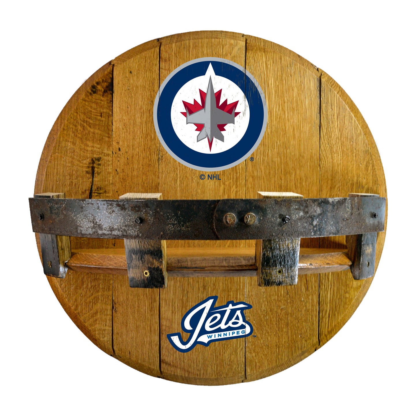 Winnipeg Jets whiskey barrel shelf