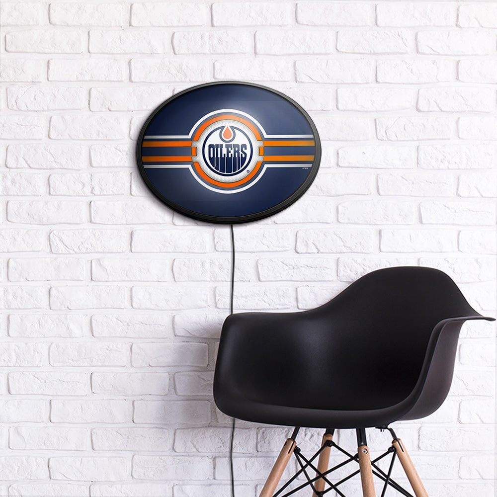 Edmonton Oilers Slimline Oval Lighted Wall Sign Room View